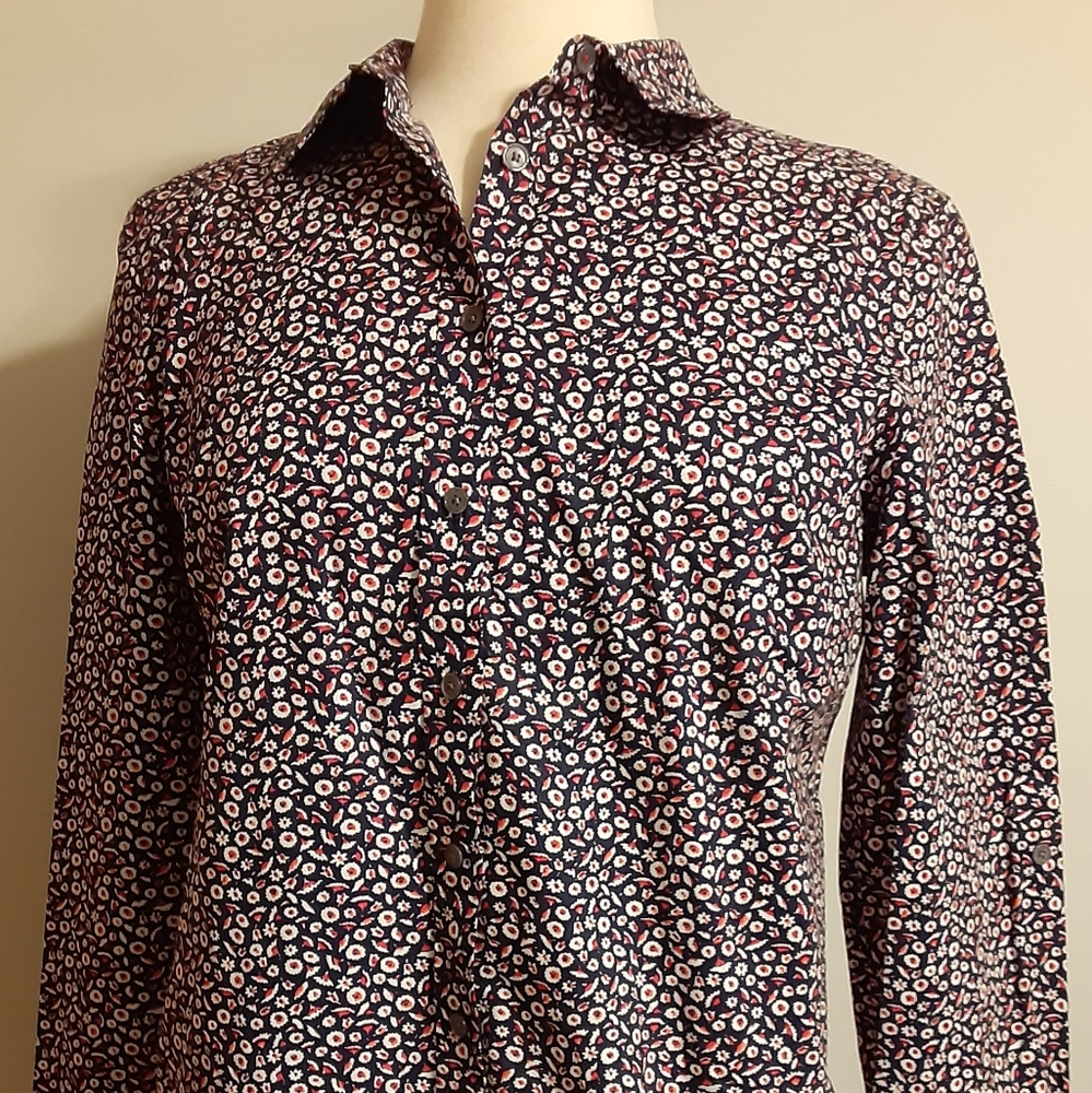 Talbots Petites 12p Button Front Long Sleeve Ted Black Floral woman prep…